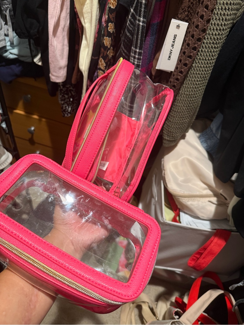 a new day Clear Cosmetic Bag Set with Hot Pink Trim
